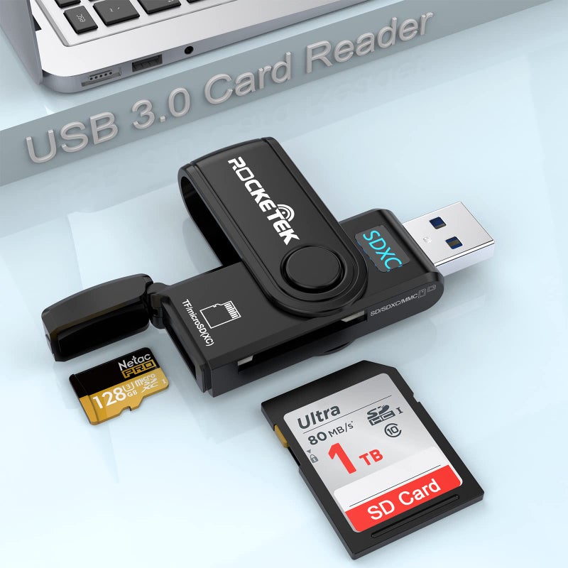 Rocketek USB 3.0 SD Card Reader, Rocketek 2 Slots Memory Card Reader with a Build-in Micro SD Card Cap for SDXC/SDHC/UHS-I SD Cards, TF/Micro SD Cards Reader - Take It as a USB 3.0 Flash Drive - Image 1